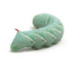 Close-up of a large turquoise-green caterpillar with diagonal white stripes and a red horn on a white background; an insect larva.